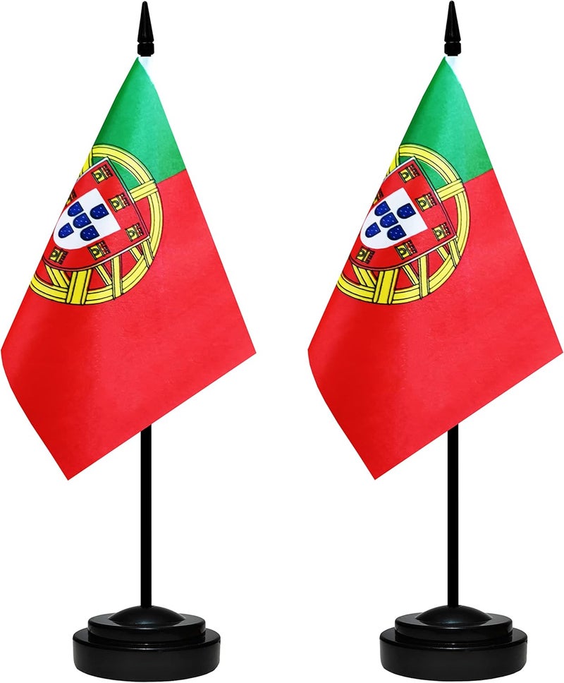 BCLin Portugal Desk Flag Set, 2 Pack Portuguese Table Office Flags, Small Mini Desktop Flag With 12" Solid Black Pole, Black Base, Miniature Desktop Flag - Image 1